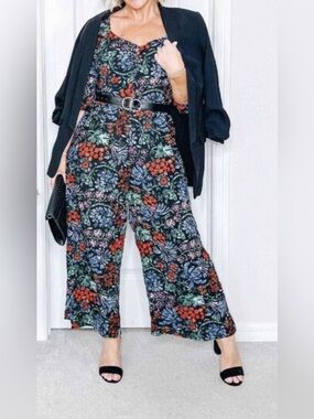 Knox Rose Black Floral Jumpsuit Puff 3/4 Sleeve, Pockets NWT size XL